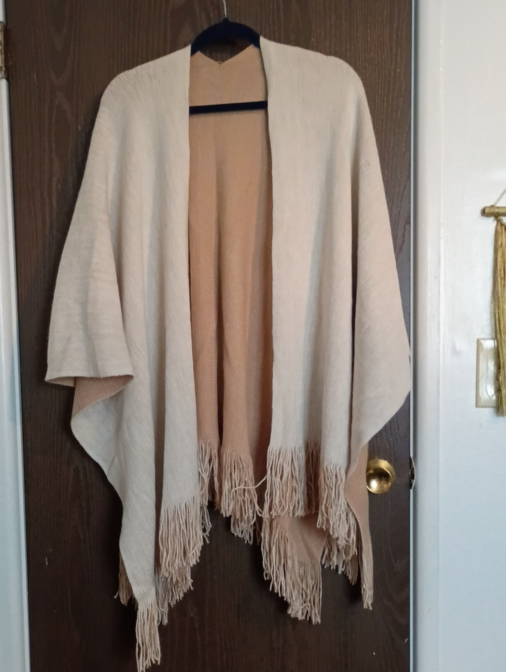Beige Fringe Open-Front Poncho Wrap - Lightweight Layering